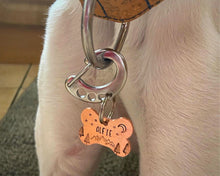 Load image into Gallery viewer, Bone dog tag, hand stamped with mountains & trees