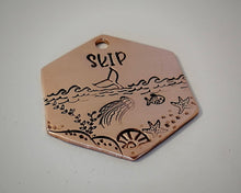 Load image into Gallery viewer, Hexagon dog tag, hand stamped with marine design, whale fluke & fish