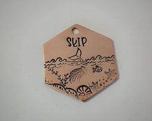 Load image into Gallery viewer, Hexagon dog tag, hand stamped with marine design, whale fluke & fish
