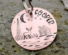 Load image into Gallery viewer, Dog id tag, landscape design with tree, deer & cabin