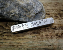 Load image into Gallery viewer, Bar tag, dog id tag, hand stamped with leaf design and 'chipped & loved'
