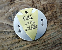 Load image into Gallery viewer, Arrowhead dog tag handstamped with bear