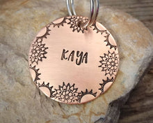 Load image into Gallery viewer, Large dog id tag, hand stamped with mandala border design