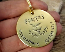 Load image into Gallery viewer, Large pet tag, hand stamped with phone number, 'microchipped' & longhorn design