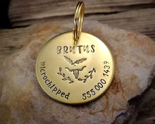 Load image into Gallery viewer, Large pet tag, hand stamped with phone number, 'microchipped' & longhorn design