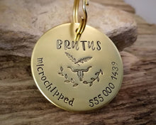 Load image into Gallery viewer, Large pet tag, hand stamped with phone number, 'microchipped' & longhorn design