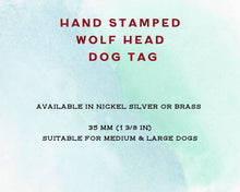 Load image into Gallery viewer, Wolf head dog tag, handstamped with howling wolf, trees and moon