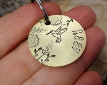 Load image into Gallery viewer, Small pet id tag, hand stamped with flower design & hummingbird