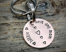 Load image into Gallery viewer, 'Best dog mom' keychain, handstamped with the dog's name & hearts