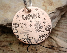 Load image into Gallery viewer, Fairy pet tag, hand stamped with mushrooms & fairy