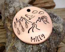 Load image into Gallery viewer, Dog tag, hand stamped with mountains, trees & eagle