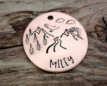 Load image into Gallery viewer, Dog tag, hand stamped with mountains, trees & eagle