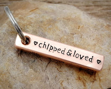 Load image into Gallery viewer, Bar tag, pet id tag, hand stamped with nautical design and 'chipped & loved'