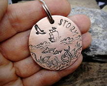 Load image into Gallery viewer, Large dog id tag, hand stamped with nautical design, ship & sharks