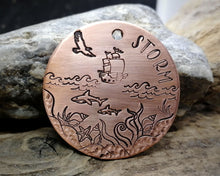 Load image into Gallery viewer, Large dog id tag, hand stamped with nautical design, ship & sharks