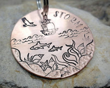 Load image into Gallery viewer, Large dog id tag, hand stamped with nautical design, ship & sharks