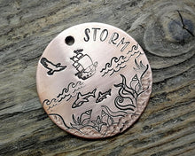 Load image into Gallery viewer, Large dog id tag, hand stamped with nautical design, ship & sharks