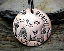 Load image into Gallery viewer, Large dog tag, hand stamped with trees, deer & eagle