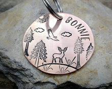 Load image into Gallery viewer, Large dog tag, hand stamped with trees, deer & eagle
