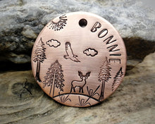 Load image into Gallery viewer, Large dog tag, hand stamped with trees, deer & eagle