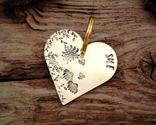 Load image into Gallery viewer, Large heart dog id tag, hand stamped with flower design & bees