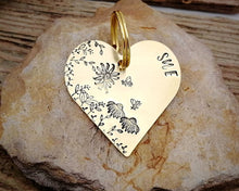 Load image into Gallery viewer, Large heart dog id tag, hand stamped with flower design & bees