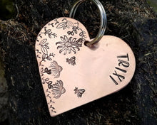 Load image into Gallery viewer, Large heart dog id tag, hand stamped with flower design & bees