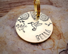 Load image into Gallery viewer, Small pet id tag, hand stamped with flower design & hummingbird