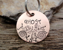 Load image into Gallery viewer, Dog tag, hand stamped with sugar skull & flower design