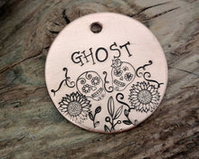 Load image into Gallery viewer, Dog tag, hand stamped with sugar skull & flower design