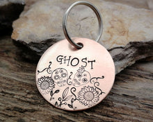 Load image into Gallery viewer, Dog tag, hand stamped with sugar skull & flower design