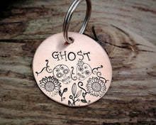 Load image into Gallery viewer, Dog tag, hand stamped with sugar skull & flower design