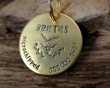 Load image into Gallery viewer, Large pet tag, hand stamped with phone number, 'microchipped' & longhorn design