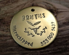 Load image into Gallery viewer, Large pet tag, hand stamped with phone number, 'microchipped' & longhorn design