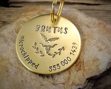 Load image into Gallery viewer, Large pet tag, hand stamped with phone number, 'microchipped' & longhorn design