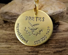 Load image into Gallery viewer, Large pet tag, hand stamped with phone number, 'microchipped' & longhorn design