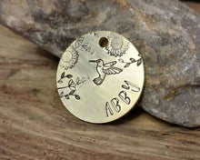 Load image into Gallery viewer, Small pet id tag, hand stamped with flower design & hummingbird