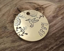 Load image into Gallery viewer, Small pet id tag, hand stamped with flower design & hummingbird