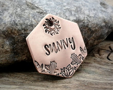 Load image into Gallery viewer, Hexagon pet id tag, hand stamped with cactus design & sun