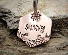 Load image into Gallery viewer, Hexagon pet id tag, hand stamped with cactus design & sun