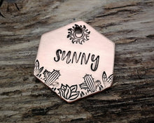 Load image into Gallery viewer, Hexagon pet id tag, hand stamped with cactus design & sun