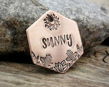 Load image into Gallery viewer, Hexagon pet id tag, hand stamped with cactus design & sun