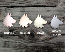 Load image into Gallery viewer, Wolf head dog tag, hand stamped with adventure design, mountains & trees