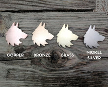 Load image into Gallery viewer, Wolf head dog tag, handstamped with howling wolf, trees and moon
