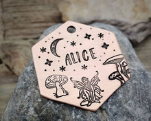 Load image into Gallery viewer, Hexagon dog tag, hand stamped with fairy, mushooms & moon