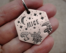 Load image into Gallery viewer, Hexagon dog tag, hand stamped with fairy, mushooms & moon