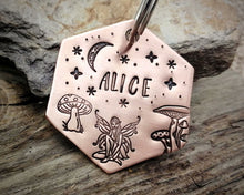 Load image into Gallery viewer, Hexagon dog tag, hand stamped with fairy, mushooms & moon