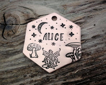 Load image into Gallery viewer, Hexagon dog tag, hand stamped with fairy, mushooms & moon