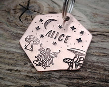 Load image into Gallery viewer, Hexagon dog tag, hand stamped with fairy, mushooms & moon