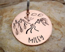 Load image into Gallery viewer, Dog tag, hand stamped with mountains, trees & eagle